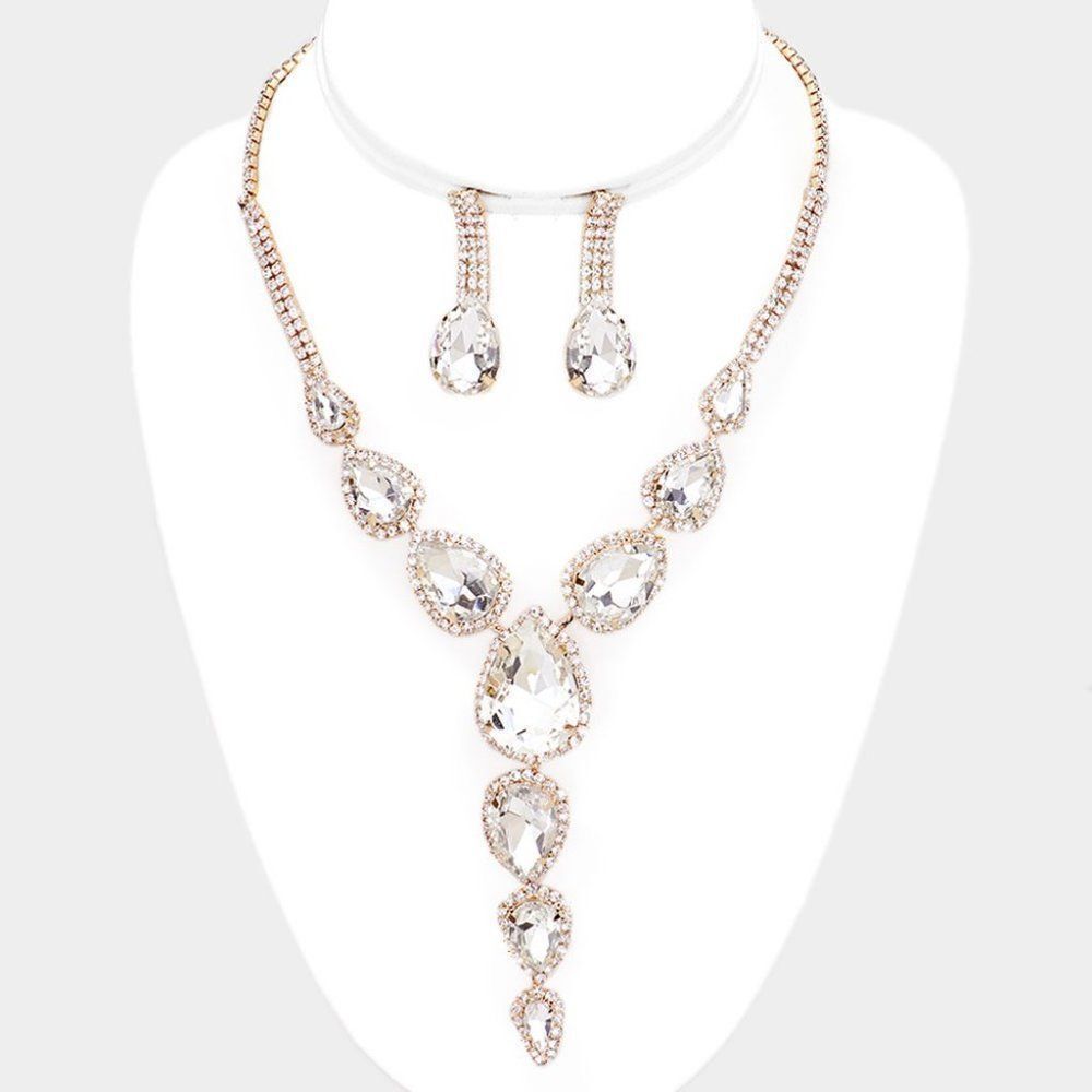 Clear Teardrop Crystal Rhinestone Collar Drop Necklace Set NWT